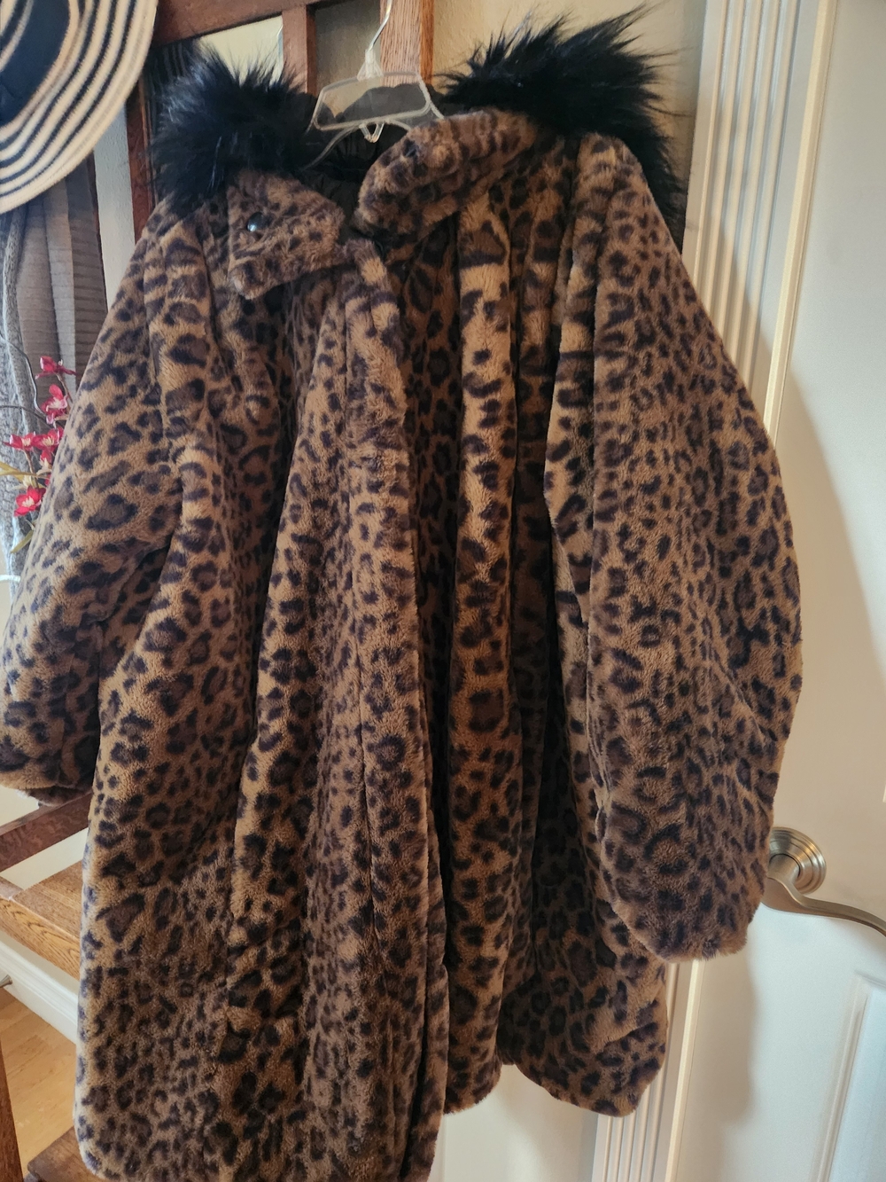 Dennis Basso Leopard-Print Quilted Reversible Coat with Black Faux Fur Trim